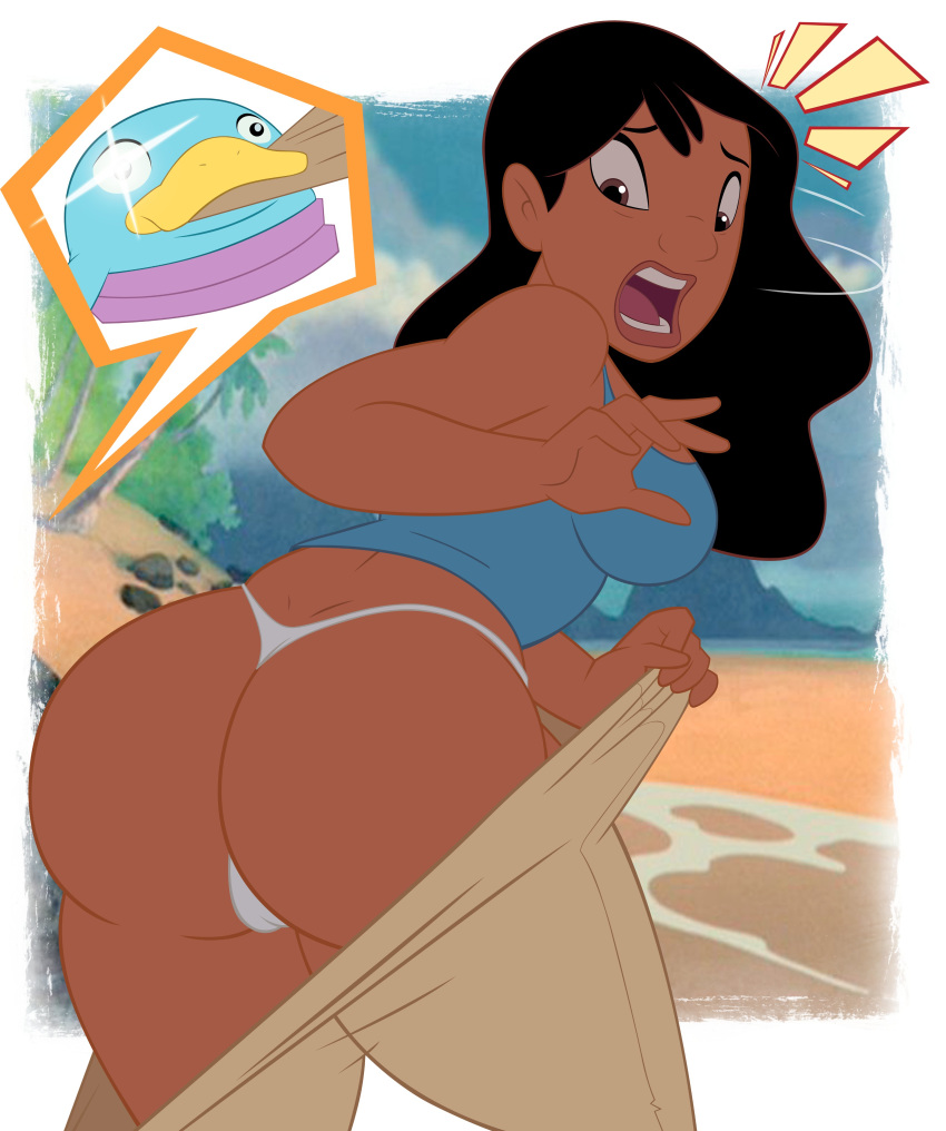 1girls ass assisted_exposure back back_view backside bare_shoulders beach big_ass black_hair breasts bubble_butt butt clothed_female dark-skinned_female dark_hair dark_skin disney embarrassed_underwear_female embarrassed_undressed_female euf exposed_ass exposed_panties female female_only grimphantom huge_ass lilo_and_stitch long_hair nani_pelekai open_mouth pants_pull pantsing pinup standing straight_hair surprised thong tongue white_thong