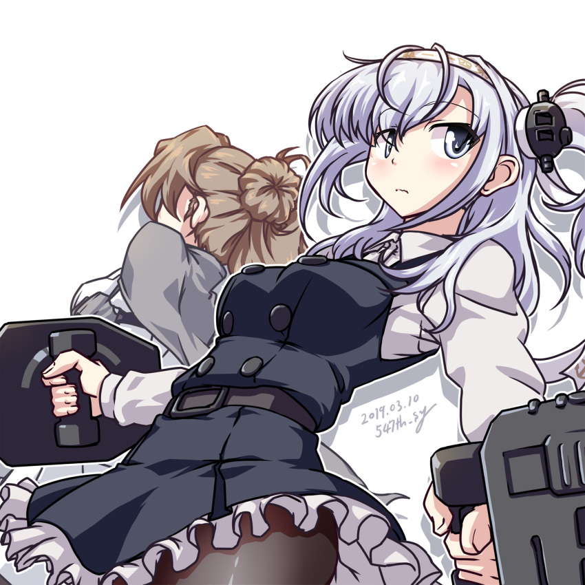 1:1_aspect_ratio 2girls 547th_sy adapted_turret alternative_costume back-to-back black_dress black_legwear brown_hair cannon cosplay costume_switch dated double_bun dress female frilled_dress frills grey_eyes hair_bun high_resolution kantai_collection light_brown_hair long_hair machinery michishio_(kantai_collection) michishio_(kantai_collection)_(cosplay) multiple_girls one_side_up pantyhose pinafore_dress remodel_(kantai_collection) shirt signature silver_hair simple_background solo_focus suzutsuki_(kantai_collection) suzutsuki_(kantai_collection)_(cosplay) tied_hair turret white_background white_shirt