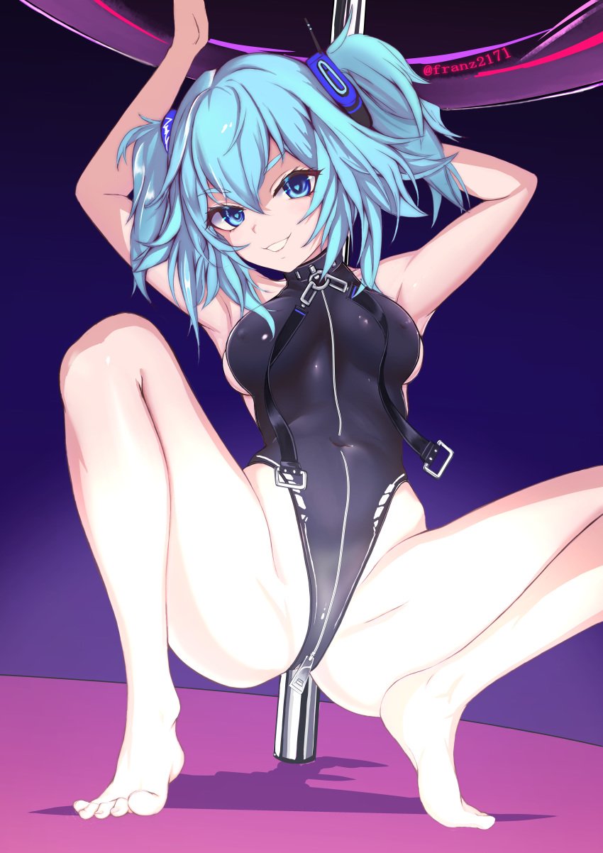 arms_up bare_arms bare_legs barefoot black_leotard blue_background blue_eyes blue_hair breasts covered_navel erect_nipples erect_nipples_under_clothes feet female franz_(217franz) girls'_frontline grin high_resolution highleg highleg_leotard large_filesize legs leotard long_hair looking_at_viewer medium_breasts nipples pa-15_(girls'_frontline) smile solo squatting twitter_username two_side_up very_high_resolution zipper