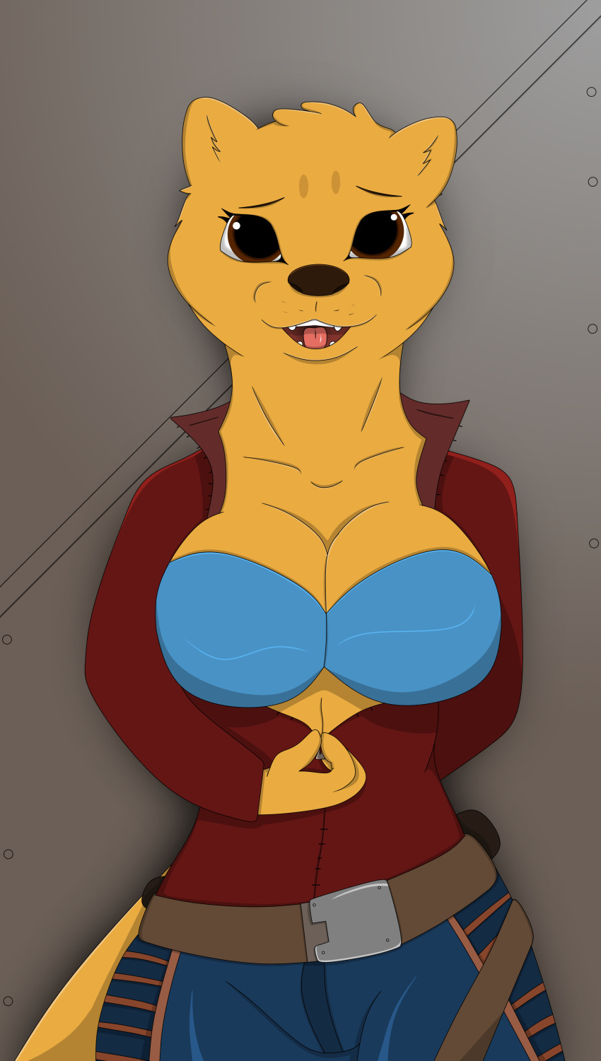 anthro anthro_only belt big_breasts big_eyes blue_bra blue_pants bra brown_eyes female female_focus female_only firetails furry furry_only halfworlder jacket leather_pants lylla marvel marvel_comics otter shading simple_background slim solo solo_female solo_focus unzipping yellow_fur