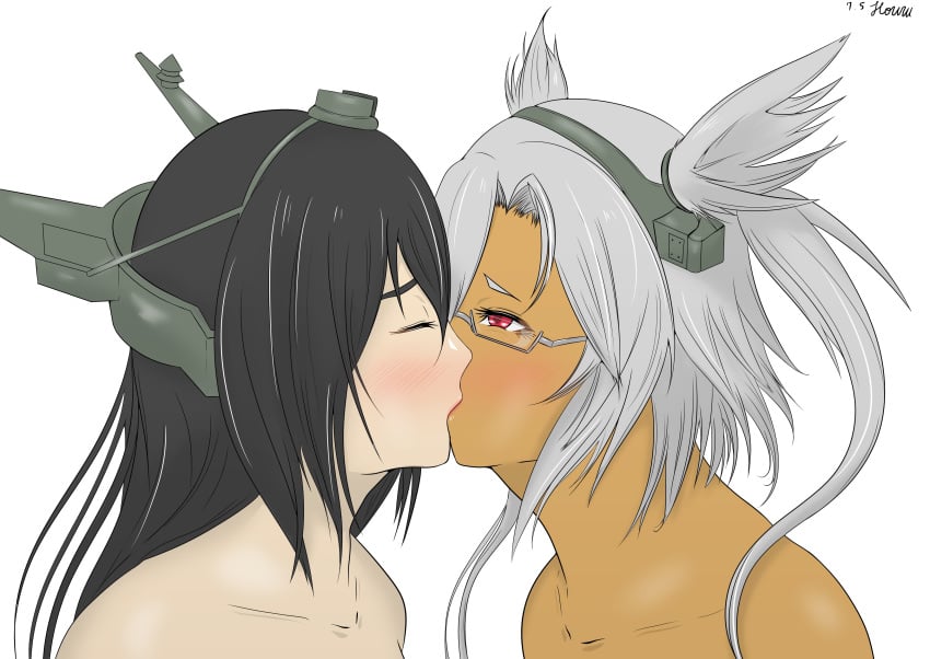 2girls artist_name bare_shoulders black_hair blush body_offscreen collarbone colored_eyebrows dark-skinned_female dark_skin glasses hair hair_between_eyes hair_ornament head_only headgear headpiece highres interracial kantai_collection kissing light-skinned_female light_skin lips long_hair looking_at_another multiple_girls musashi_(kantai_collection) nagato_(kantai_collection) neck nude platinum_blonde_hair red_eyes short_hair_with_long_locks signature simple_background twintails two_side_up white_background yuri