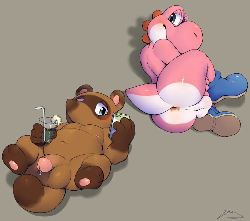 2boys animal_crossing anus ass backsack blush bodily_fluids canid canine crossover duo full_body genital_fluids genitals grey_background highres humanoid_genitalia humanoid_penis looking_at_viewer looking_back lying male male_only mammal mario_(series) multiple_boys nintendo nude on_back on_side penis phone pink_yoshi precum raccoon_dog simple_background slightly_chubby tail testicles tom_nook yoshi zi_ran