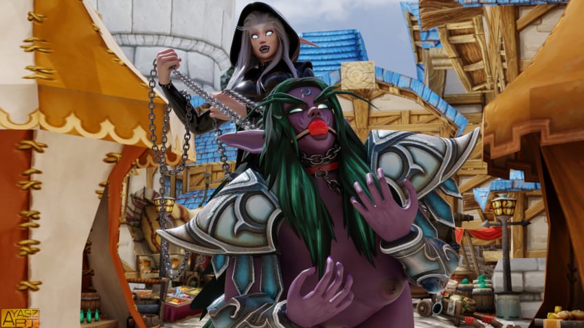 2019 alliance_(warcraft) ayasz ball_gag big_breasts blizzard_entertainment chains cloak eastern_kingdoms femdom gagged green_hair large_breasts latex latex_suit mythiyell night_elf night_elf_priest nipples nipples_visible_through_clothing outdoors partially_clothed priest_(warcraft) purple_skin shiny_clothes stormwind tyrande_whisperwind warcraft white_hair world_of_warcraft