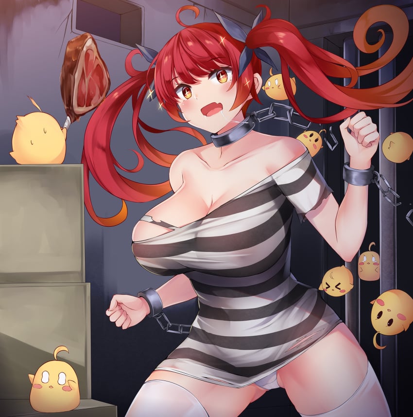 +_+ azur_lane black_ribbon blush bondage breasts chains cuffs dress_shirt eyebrows_visible_through_hair female food hair_ornament hair_ribbon high_resolution honolulu_(azur_lane) irohasu large_breasts long_hair looking_at_viewer manjuu_(azur_lane) meat open_mouth prison_clothes red_eyes red_hair ribbon saliva saliva_trail short_dress striped thighhighs tied_hair torn_clothes twintails very_long_hair white_legwear