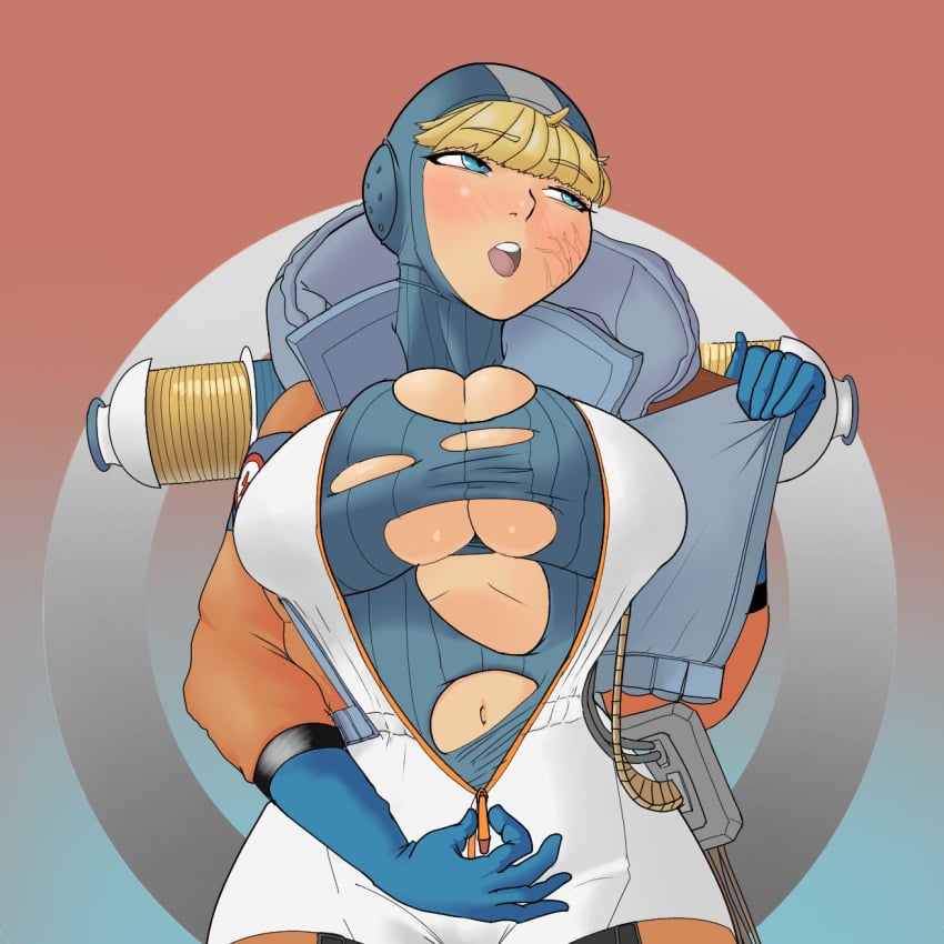 alternate_version apex_legends averting_eyes big_breasts blonde_hair blue_eyes blush bodysuit cable coat electronic_arts growingbreasts_(artist) hoodie lichtenberg_figure looking_away midriff pylon respawn_entertainment ripped_clothing scar torn_clothes wattson_(apex_legends) wide_hips wires zipper_down zipper_pull_tab