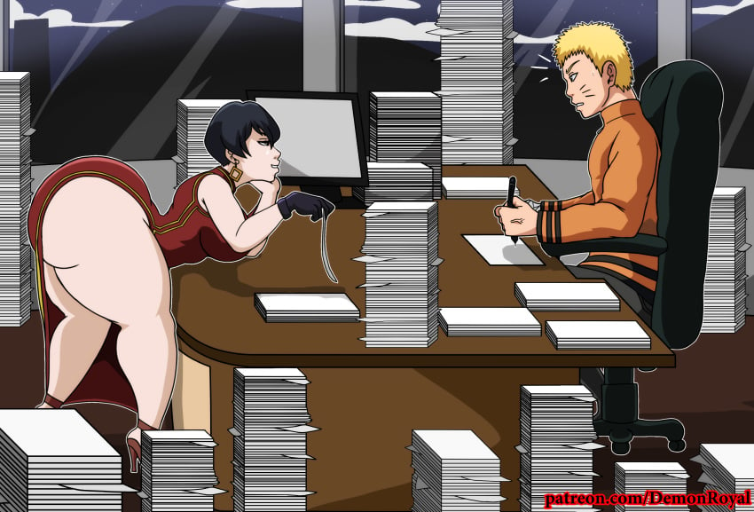 1boy 1girls angry ass bent_over big_ass black_hair blonde_hair boruto:_naruto_next_generations china_dress dat_ass demonroyal high_heels huge_ass kurotsuchi naruto office paperwork seductive short_hair smug thick_thighs uzumaki_naruto