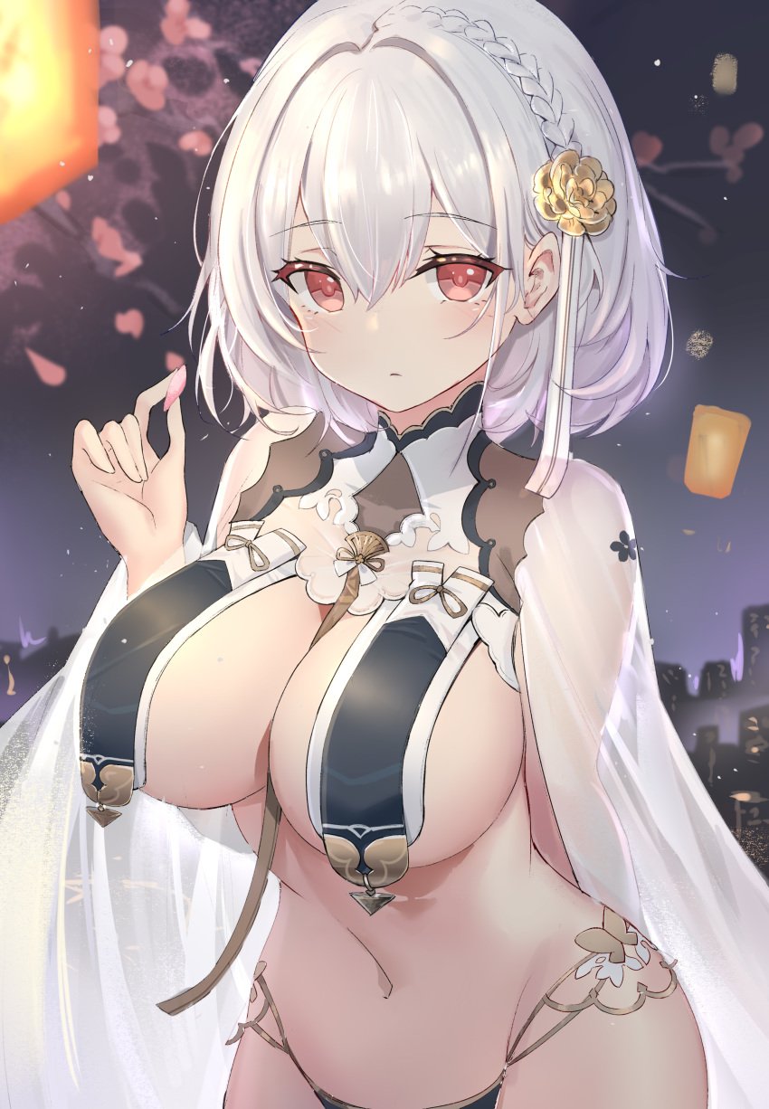 absurdres adapted_costume azur_lane between_breasts black_panties braid breast_curtains breastcloth breasts cherry_blossoms cleavage closed_mouth commentary_request cowboy_shot female hair_between_eyes hair_ornament highres holding large_breasts loki1998 looking_at_viewer navel panties petals red_eyes short_hair sidelocks silver_hair sirius_(azur_lane) sirius_(azure_horizons)_(azur_lane) solo stomach underwear