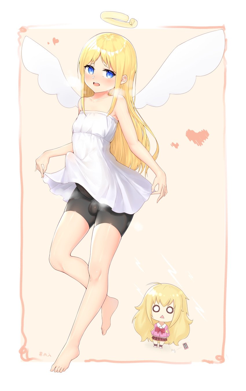 1other :< absurdres angel angel_wings armpits bare_shoulders barefoot bike_shorts black_shorts blonde_hair blue_eyes blush broken_halo bulge cellphone chibi chinese_commentary commentary_request crimvael crossover dress erection erection_under_clothes feet female full_body futanari halo heart highres ishuzoku_reviewers large_penis long_hair o_o open_mouth penis phone pink_background pink_shirt plaid plaid_skirt red_skirt renroujiang school_uniform seiyuu_connection shirt short_dress shorts simple_background skirt smartphone smile solo_futa strapless strapless_dress surprised testicles thighs toes tomita_miyu trait_connection very_long_hair wide-eyed wings