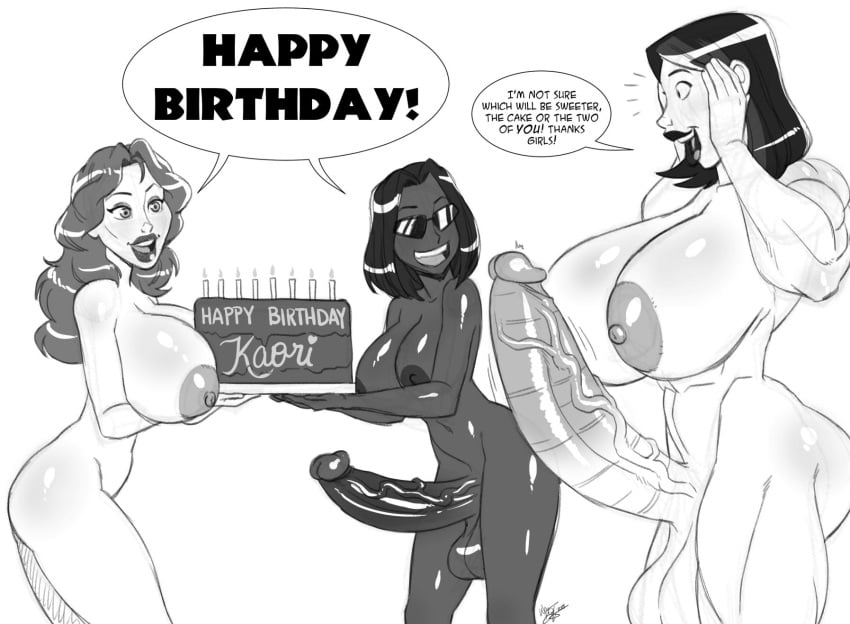 1girls 2futas abs aeolus06 alexandra_taye big_breasts big_penis birthday birthday_cake black_and_white breasts dark-skinned_futanari dark_skin futa_with_female futanari huge_breasts huge_cock kaori_nagahide monochrome muscles muscular muscular_female muscular_futanari naughty_face nude original_character penis seductive seductive_smile smile stacy_(fujitora) sunglasses thick_thighs