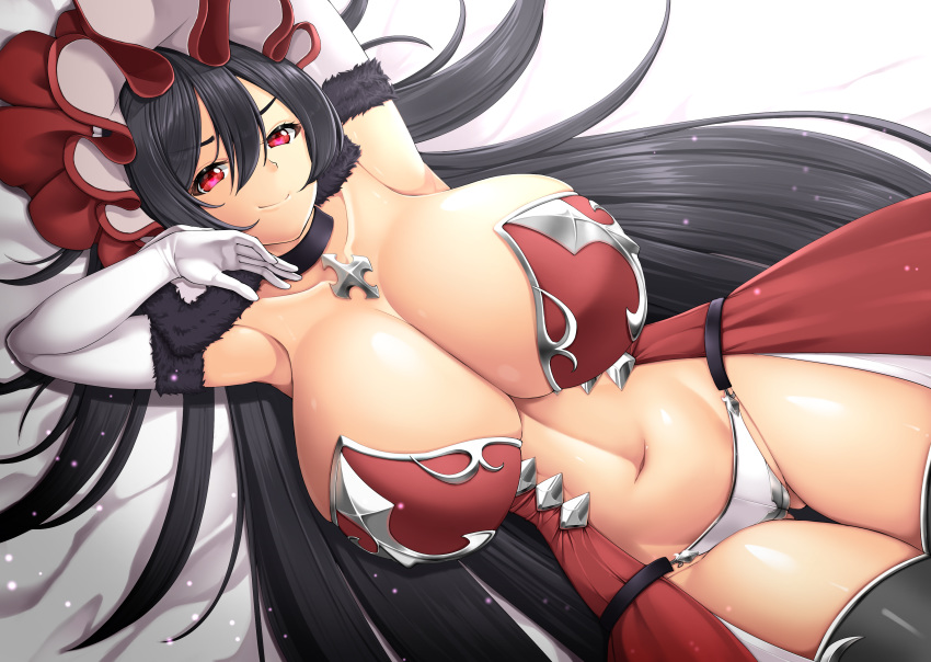 1girls 2d 2d_(artwork) absurd_res absurdres alternate_breast_size big_breasts black_choker black_hair black_hair_female breasts breasts_bigger_than_head choker cleavage clothed clothed_female cross_necklace female female_only gigantic_breasts gloves hi_res high_resolution highres huge_breasts ilya_(princess_connect!) ilya_ornstein kaedeno_yuu knee_length_hair large_breasts long_hair looking_at_viewer lying_on_back lying_on_bed midriff necklace princess_connect! princess_connect!_re:dive red_eyes red_eyes_female revealing_clothes skimpy skimpy_clothes smile smiling_at_viewer solo solo_female tagme thighs upper_body very_long_hair white_gloves