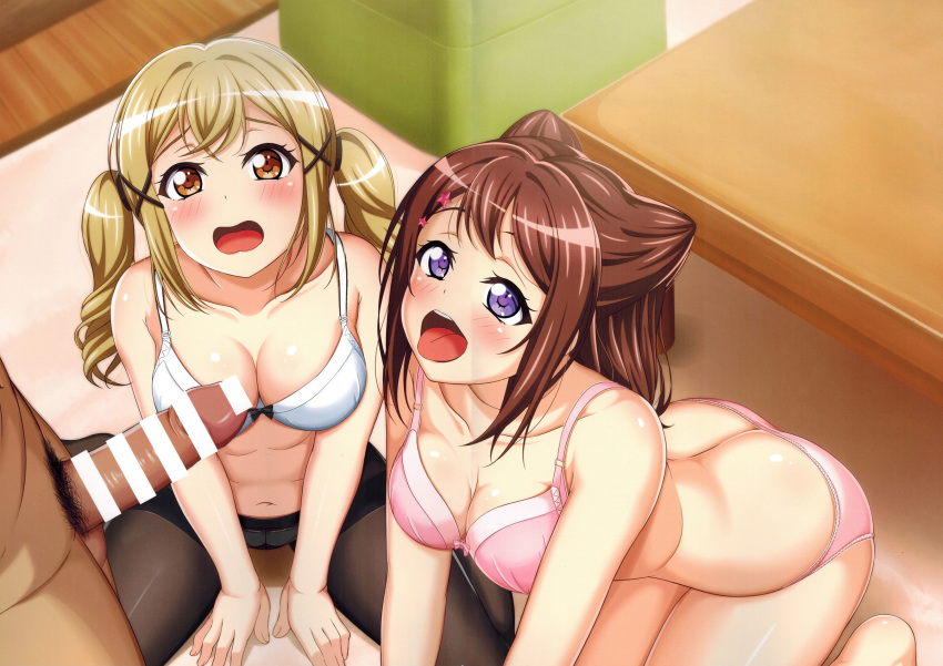 1boy 2girls bang_dream! black_legwear blonde_hair blush bra brown_eyes brown_hair censored ichigaya_arisa male_pubic_hair medium_breasts open_mouth panties panties_under_pantyhose pantyhose penis purple_eyes straight takamin_apaman toyama_kasumi twintails underwear x_hair_ornament