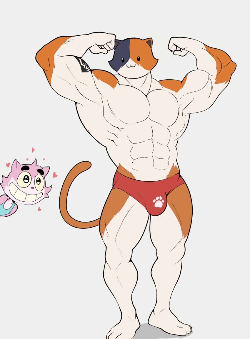 2boys 3_toes bara bulge eroborus feline flexing fortnite hearts male male_focus male_only meowscles_(fortnite) no_humans paw roz tagme tattoo