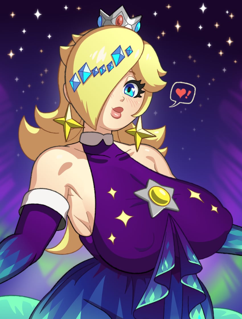 1girls alternate_costume armpits blonde_hair blue_eyes breasts cleavage clothed clothing crown earrings female female_only hair_over_one_eye hard-degenerate huge_breasts human human_only jewelry looking_at_viewer mario_(series) mario_kart mario_kart_tour nintendo nipple_bulge princess_rosalina solo solo_female