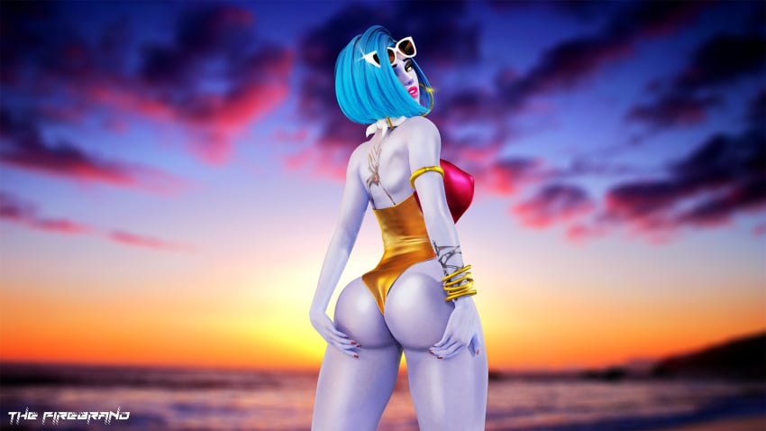 1girls 3d ass beach blender blue_hair blue_skin discko_widowmaker earrings female female_only hands_on_ass hoop_earrings hoop_earrings_oversized looking_back overwatch solo sunglasses sunglasses_on_head sunset swimsuit tagme the_firebrand widowmaker