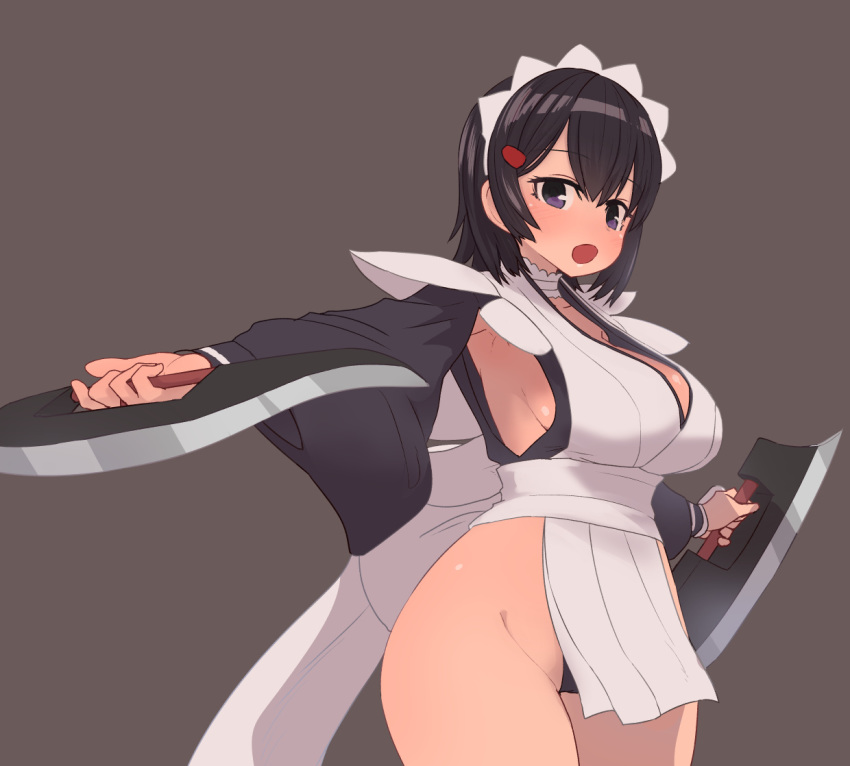 armpits bangs black_hair black_leotard blush breasts brown_background butterfly_swords cleavage cowboy_shot dual_wielding eyebrows_visible_through_hair female hair_ornament hairclip highleg highleg_leotard holding holding_sword holding_weapon iroha large_breasts legs leotard long_sleeves looking_at_viewer maid maid_headdress open_mouth outstretched_arms pelvic_curtain purple_eyes revealing_clothes samurai_shodown sash short_hair sideboob simple_background solo spread_arms sumiyao_(amam) sword thighs vest weapon white_neckwear white_vest wide_sleeves