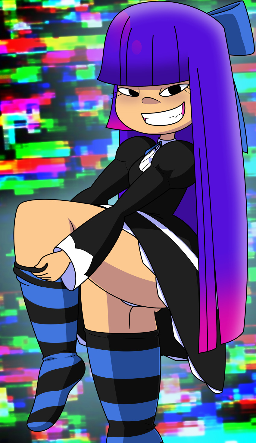 background black_socks blue_socks clothed crossover_cosplay detailed_background eyelashes eyes eyes_half_open female female_focus female_only female_solo footwear glitch_techs hair hair_ornament happy long_hair long_socks looking_at_viewer miko_kubota multicolored_hair nickelodeon nose ornament panty_&_stocking_with_garterbelt seductive smile smirk smooth_skin socks solo solo_female solo_focus stiky_finkaz stocking_anarchy_(cosplay) stockings striped_socks teeth thigh_socks thighhighs thighsocks