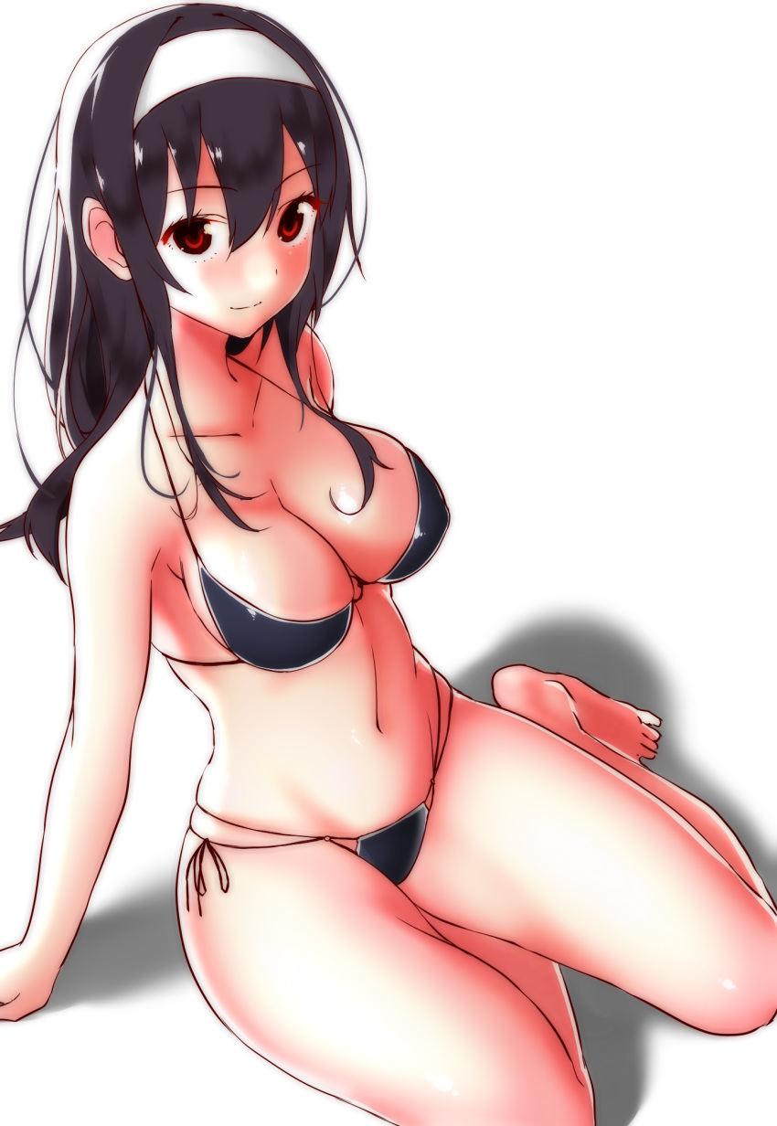 1girls abs amano_don arm_support barefoot bikini black_bikini black_hair black_swimsuit breasts cleavage erect_nipples feet female hair_between_eyes hairband high_resolution kasumigaoka_utaha large_breasts light_smile long_hair looking_at_viewer multi-strapped_bikini navel nipples o-ring o-ring_bikini red_eyes saenai_heroine_no_sodatekata side-tie_bikini simple_background sitting solo source_request string_bikini swimsuit white_background yokozuwari