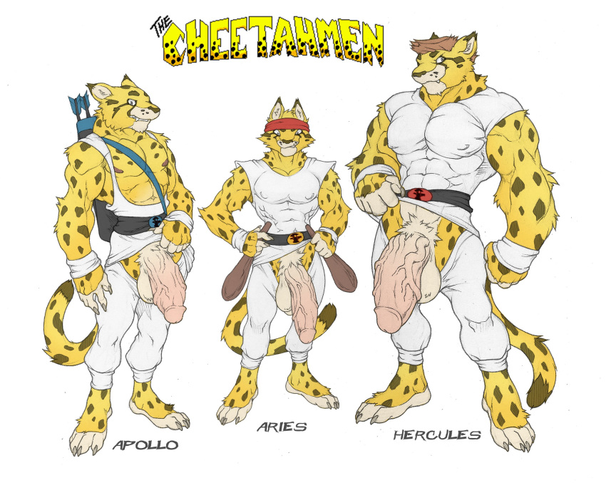 anthro apollo_(cheetahmen) aries_(cheetahmen) balls big_balls big_penis cheetah cheetahmen clothed clothing english_text felid feline genitals group hercules_(cheetahmen) hi_res huge_balls huge_cock hyper hyper_balls hyper_genitalia hyper_penis male male_only mammal pants_down partially_clothed penis presenting presenting_penis text utx-shapeshifter vein veiny_penis