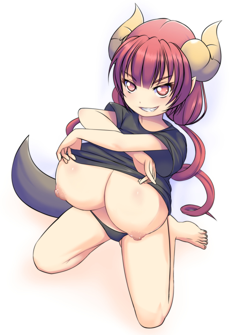 1girls areolae auburn_hair big_breasts big_head big_nipples black_panties black_shirt breasts clothing curved_horns dragon dragon_girl dragon_horns erect_nipples evil_smile feet female female_only heart-shaped_pupils horns huge_breasts ilulu_(dragon_maid) large_breasts lifting_clothing matching_hair/eyes miss_kobayashi's_dragon_maid monster_girl neoteny nipples panties perky_breasts puffy_nipples red_eyes red_hair shirt_lift shirt_up simple_background small_but_busty smirk solo stripping tail toes top_heavy top_lift undressing white_background white_horns