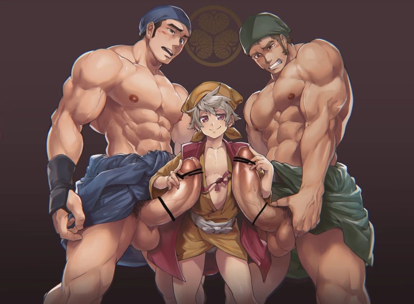 3boys 8_degrees abs age_difference bar_censor bara black_hair brown_eyes brown_hair cap censor_bar censored censored_genitalia censored_penis clenched_teeth curved_cock erect_nipples erection gay holding_penis huge_cock male_only multiple_males multiple_penises muscles muscular older_man_and_younger_boy pecs penis_size_difference red_eyes retracted_foreskin sandy_hair size_difference veiny_penis