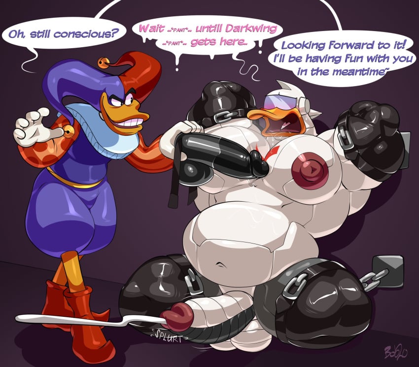 2boys anthro bara big_balls big_pecs big_penis bobthetanuki bondage crouching cum darkwing_duck darkwing_duck_(copyright) dildo disney drool duck extrasizedbob gay gizmoduck male male_only muscular_male nipples open_mouth orgasm puffy_nipples quackerjack restrained sex_toy source_request speech_bubble tagme text thighhighs what yaoi