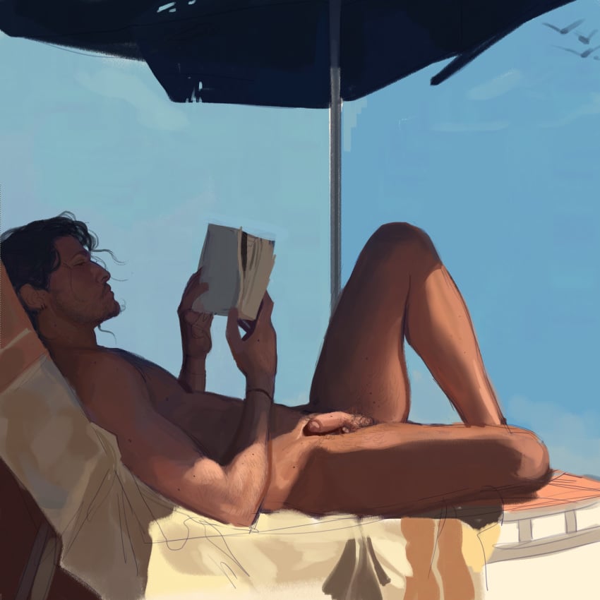 1boy beach beach_chair beach_towel beach_umbrella beetlebuttz beetlebuttztwo chaise_lounge dark_hair digital_media_(artwork) digital_painting_(artwork) facial_hair flaccid legs_held_open long_hair male male_only naked painting_(artwork) pubic_hair reading seagulls