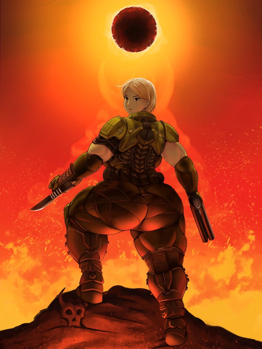 1girls armor ass black_eyes blonde_hair boots breasts chubby cleavage clothed curvaceous doom doom_slayer_(doom) double-barreled_shotgun female fire flame gun hell high_resolution huge_ass huge_breasts large_breasts looking_at_viewer looking_back muscular_female navel pale-skinned_female plump rule_63 scar short_hair shotgun skin_tight solo source_request standing thick_thighs thighs torn_clothes toroboro very_high_resolution voluptuous weapon wide_hips