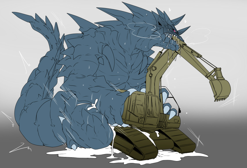 anthro bite bodily_fluids breath clawlion claws excavator grey_background heart hi_res kaiju kneeling male male_only messy purple_eyes simple_background solo sweat toe_claws vehicle