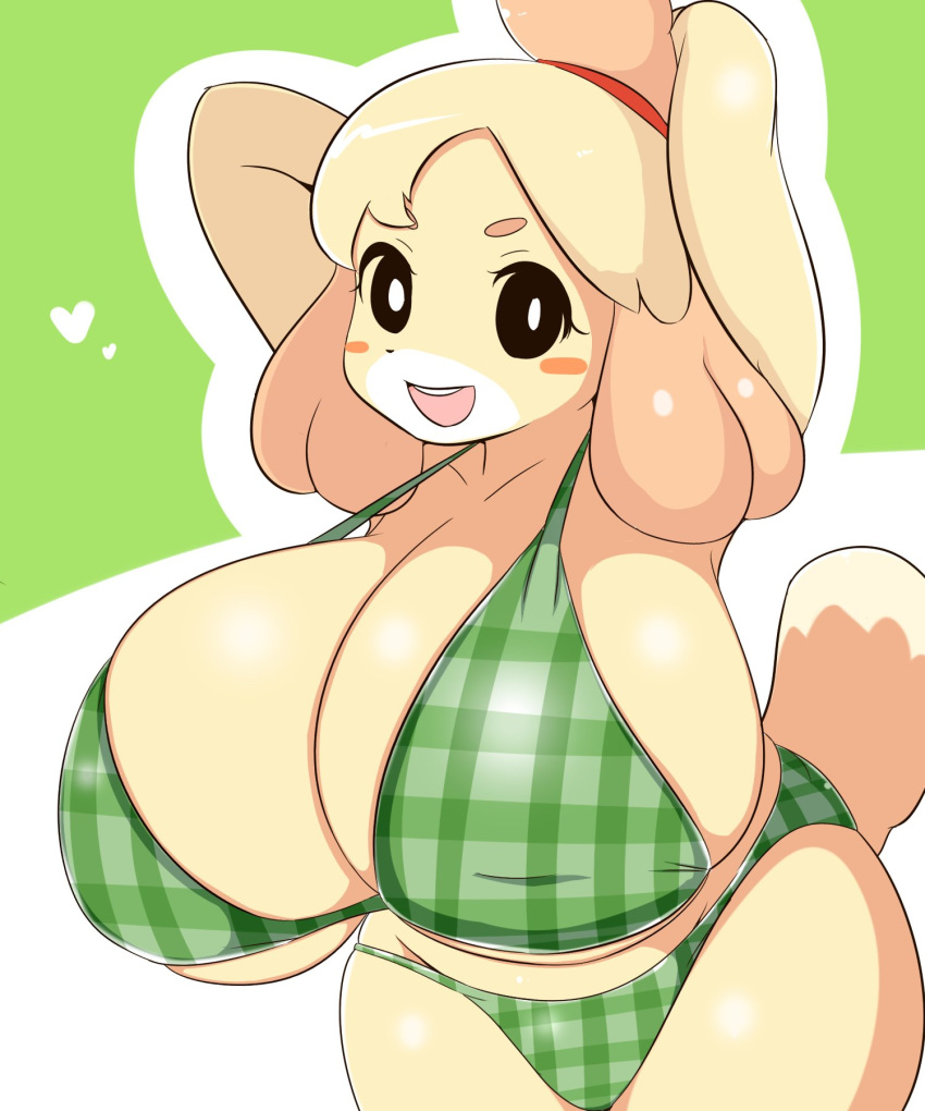 1girls animal_crossing anthro armpits arms_behind_back bikini blush breasts furry huge_breasts isabelle_(animal_crossing) nintendo open_mouth sugaru thick_thighs thighs upper_teeth voluptuous wide_hips