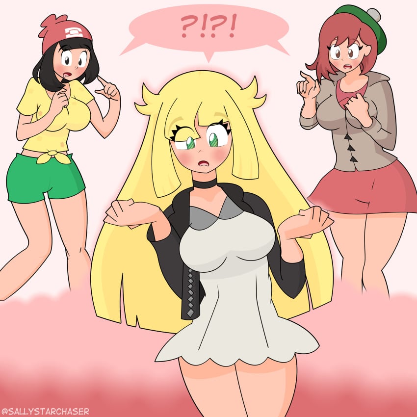 3girls alternate_breast_size alternate_outfit black_hair blonde_hair breasts brown_hair commission cute fusion gloria_(pokemon) large_breasts lillie_(pokemon) long_hair marnie_(pokemon) merge merging nintendo pink_background pokemon pokemon_sm pokemon_ss sally_starchaser selene_(pokemon) shoulder_length_hair text thigh_gap watermark wide_hips