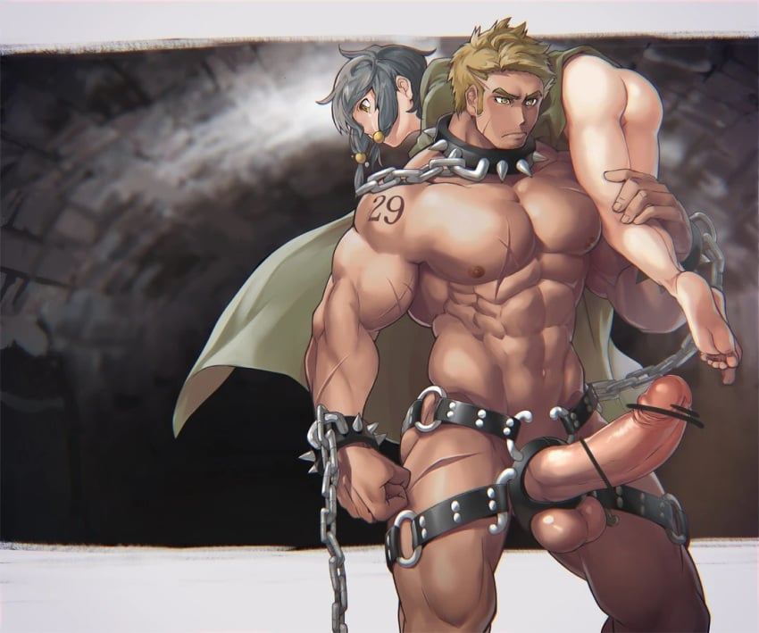 2boys 8_degrees ass bar_censor bara big_penis carrying censor_bar censored censored_genitalia censored_penis chains collar cuffs erect_penis erection femboy imminent_sex male_only muscle muscles size_difference tattoo twink