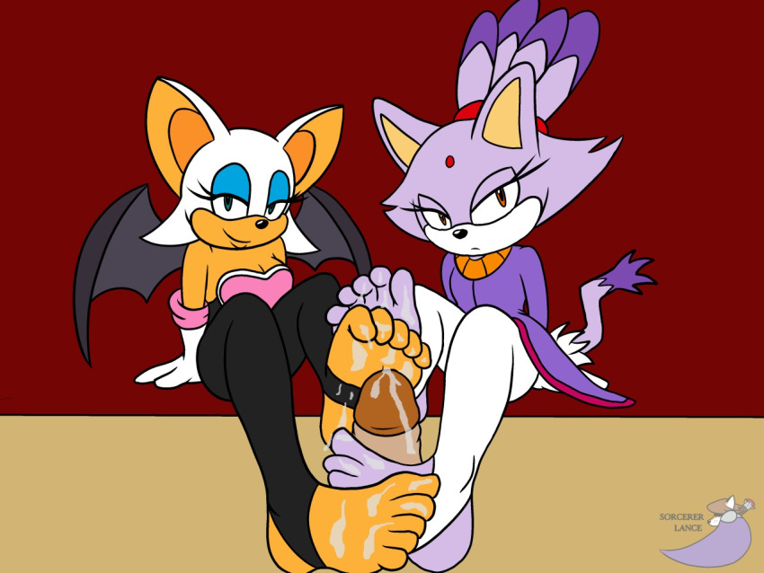 1boy 2girls blaze_the_cat double_footjob feet footjob furry pov rouge_the_bat sonic_(series) sorcererlance