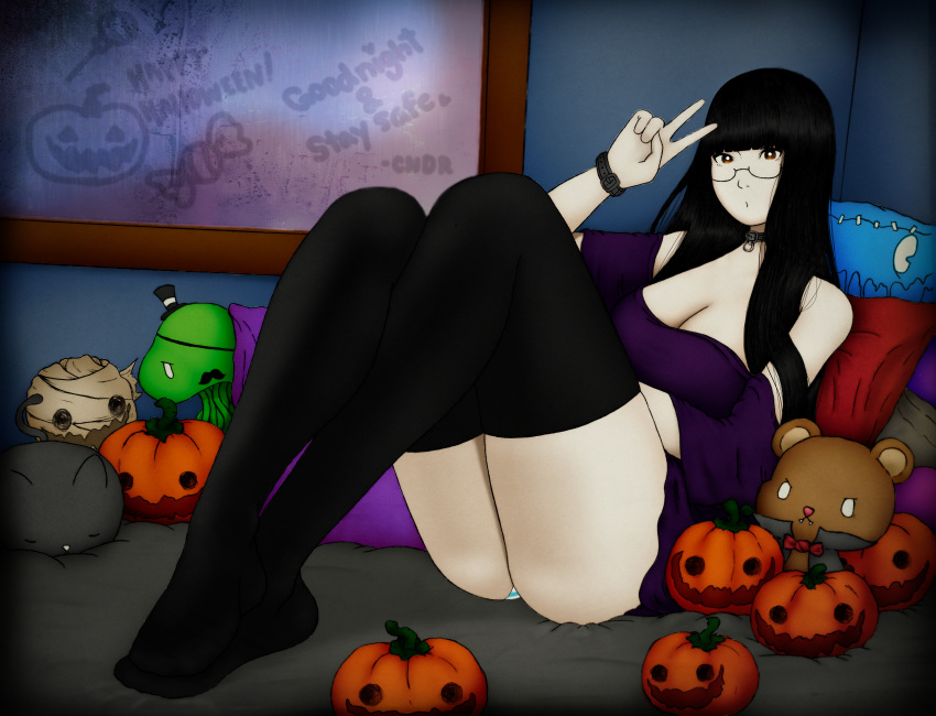 1girls big_breasts black_choker black_hair black_legwear bracelet brown_eyes choker duplicate english_text feet_together female glasses goth hime_cut knees_up large_breasts laying_back laying_on_bed long_hair loose_clothes loose_shirt on_bed pale_skin peace_sign purple_shirt semi-rimless_glasses shimapan sitting solo straight_hair striped_panties stuffed_animal thick_thighs thighhighs window