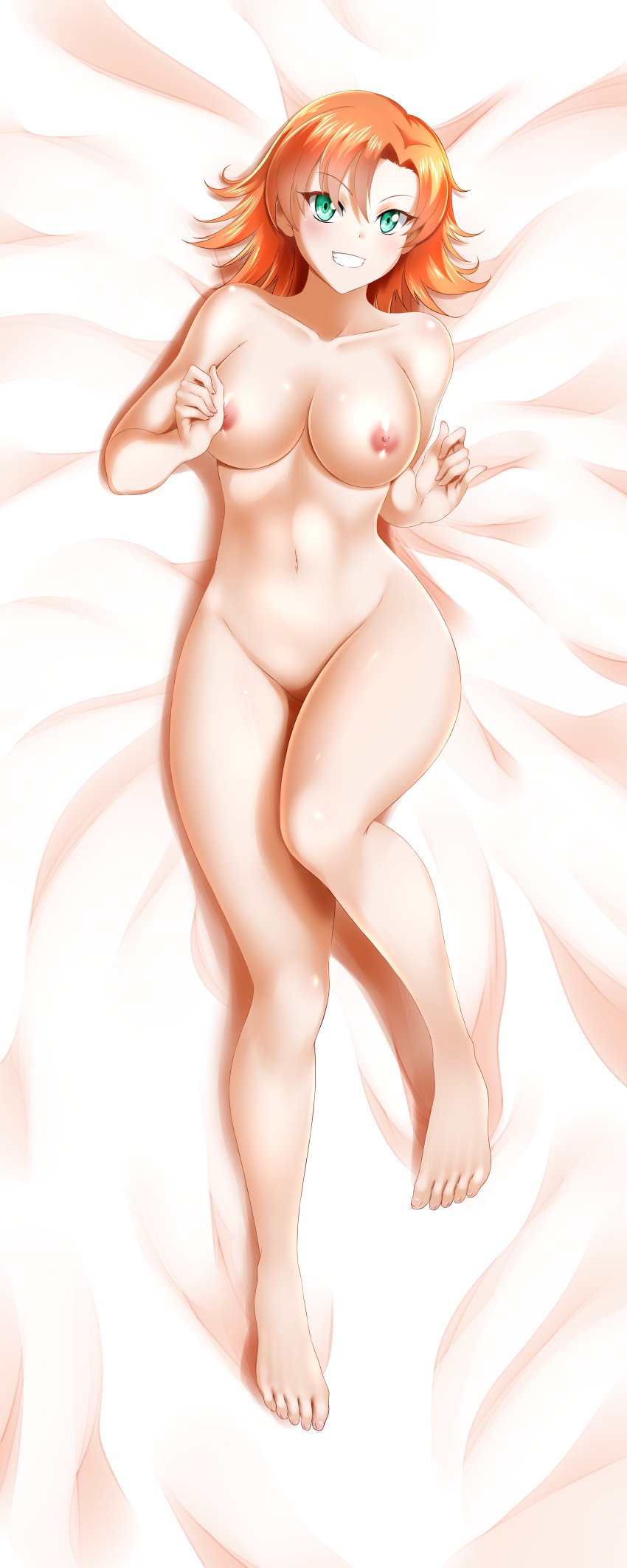 absurdres alfred_cullado bangs banned_artist barefoot bed_sheet blush breasts collarbone dakimakura eyebrows_visible_through_hair female from_above full_body green_eyes grin hair_between_eyes hair_intakes highres incredibly_absurdres large_breasts lying navel nipples nora_valkyrie nude on_back orange_hair paid_reward pussy rwby shiny shiny_hair shiny_skin short_hair smile solo