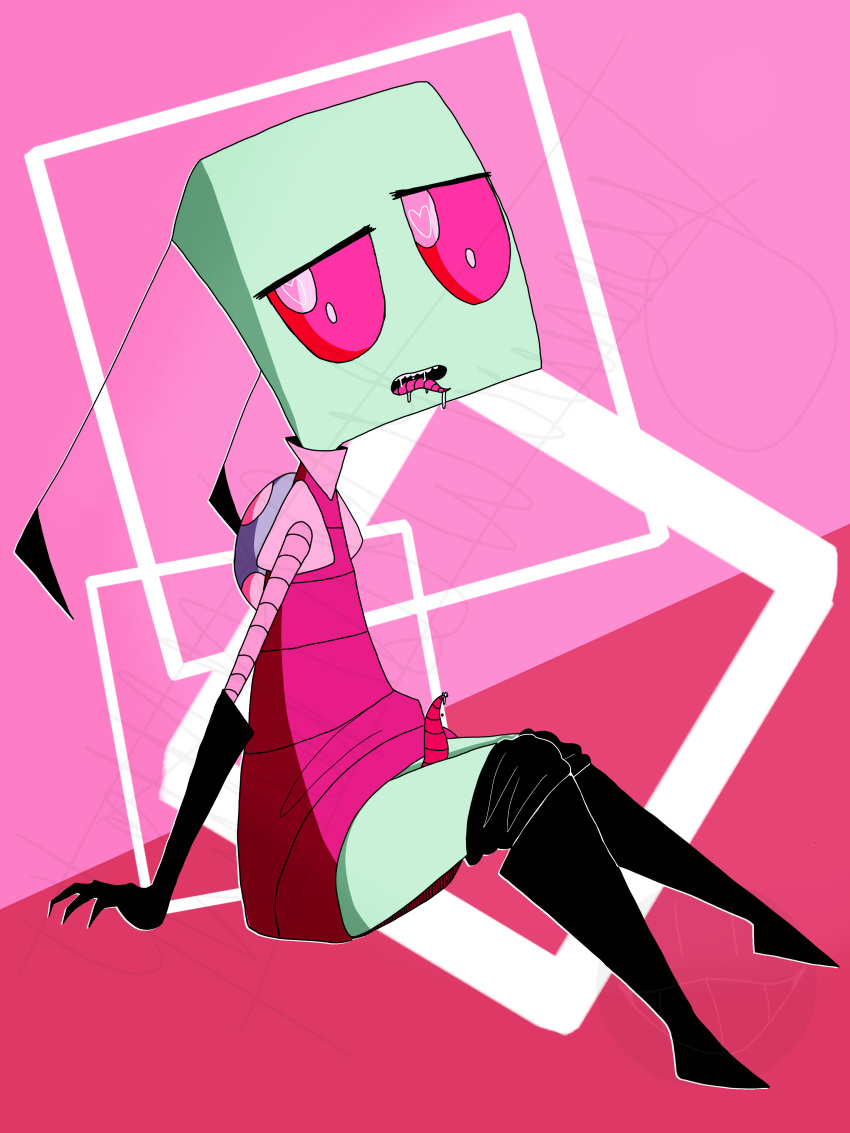 1boy alien alien_genitalia alien_humanoid alien_penis antennae boots closed_legs color colored drooling elbow_gloves gloves green_skin half-closed_eyes heart-shaped_pupils heart_eyes invader_zim irken male male_only mouth_open nickelodeon pak pants_down pink_background pink_eyes precum saliva shaded shirt sitting smooth_skin solo teeth three_fingers tongue_out zim