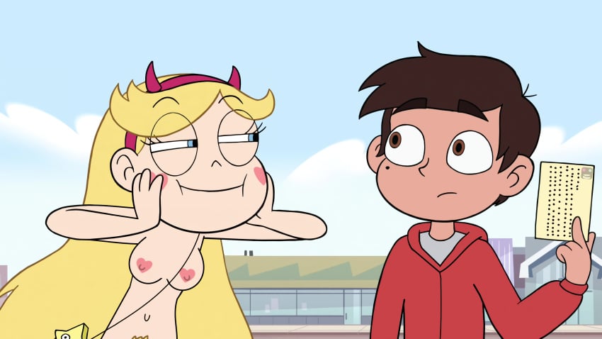 :i accurate_art_style bag blonde_hair blonde_pubic_hair blue_eyes breasts casual clothed_male disney glaw_(artist) hands_on_cheeks heart_areola heart_cheeks marco_diaz mole_under_eye narrowed_eyes nipples nude_female pubic_hair red_jacket screenshot_edit smile star_butterfly star_vs_the_forces_of_evil straight_hair