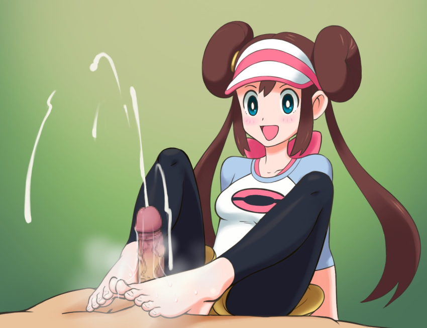 1boy 1girls barefoot blue_eyes breasts brown_hair censored clothed_female_nude_male cum cum_on_feet double_bun feet footjob game_freak green_background leggings legs long_hair looking_at_viewer miraa_(chikurin) nails nintendo open_mouth penis pokemon pokemon_bw2 pov rosa_(pokemon) simple_background skirt small_breasts smell source_request thighhighs toes tongue visor_cap wide_hips