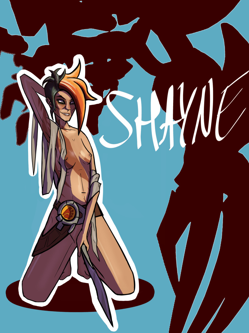 applesauce_jack bandages battleborn belt eyeshadow freckles knife orange_hair pierced_nipples scar shayne shayne_(battleborn) small_breasts yellow_eyes