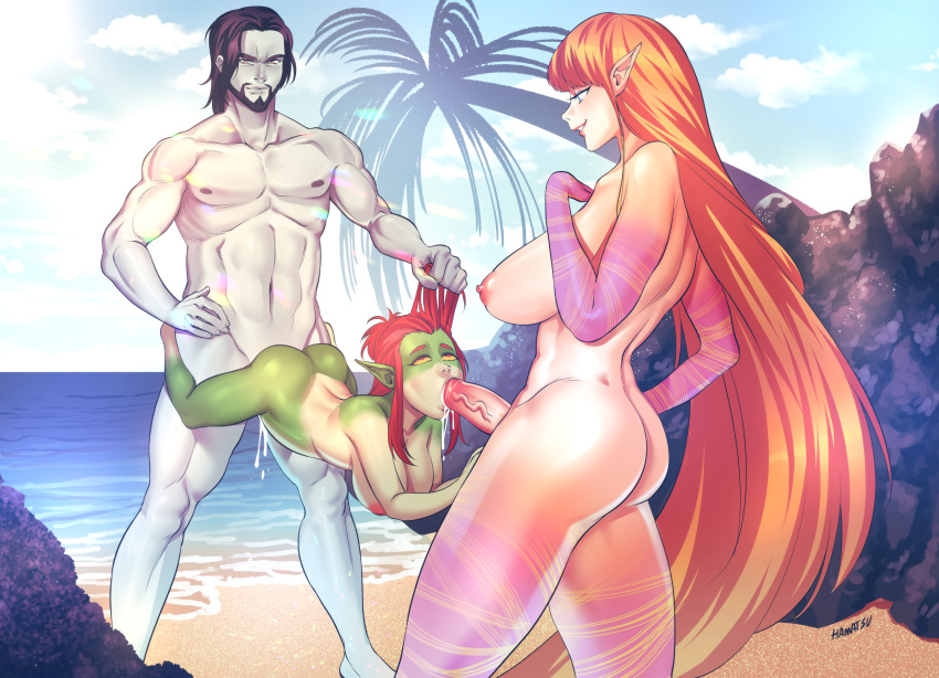 amber_eyes big_breasts blue_eyes cum cum_in_mouth dark_hair female futa_on_female futanari green_skin long_hair male male_on_female oral pointy_ears red_hair romanjime size_difference spitroast tagme tagme_(character) yellow_sclera