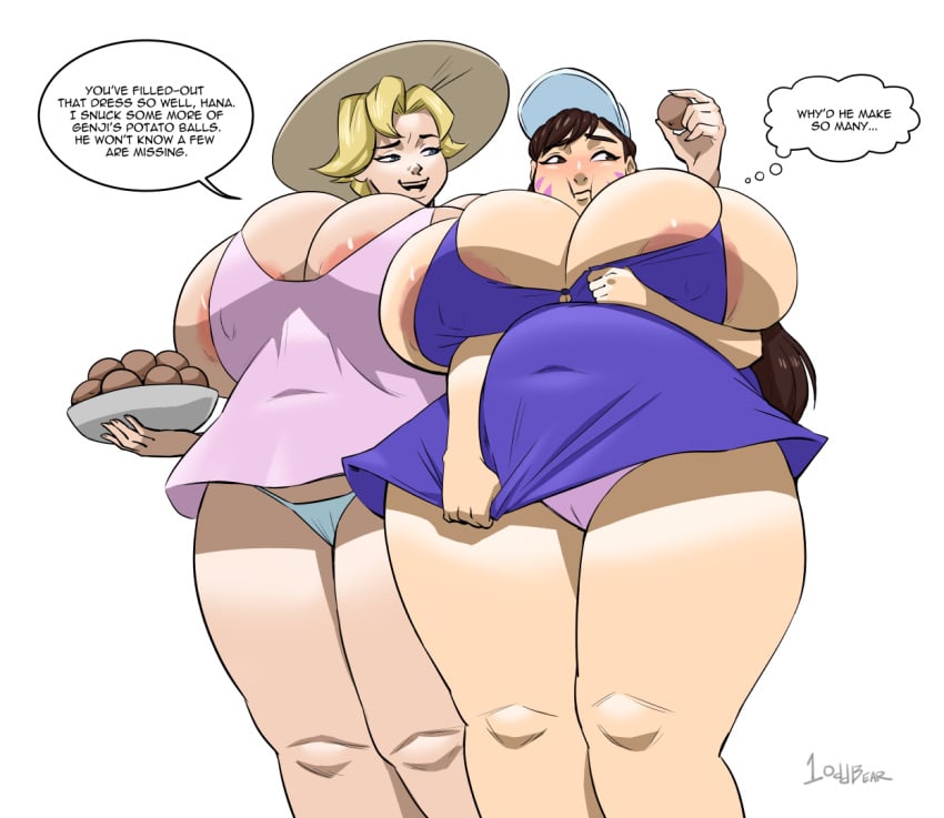 1oddbear 2girls asian asian_female belly big_belly chubby d.va feeding female mercy mutual_female_weight_gain overwatch weight_gain