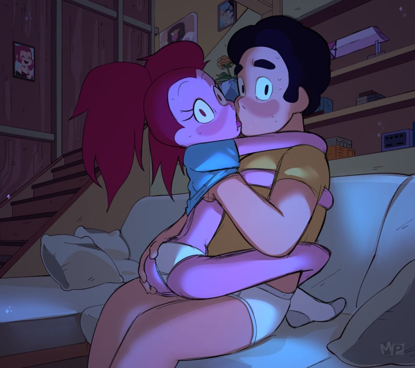 1boy 1girls ass ass_grab black_eyes black_hair blush cartoon_network caught eyelashes gem gem_(species) grabbing hugging kissing love mahmapuu male panties petite pink_eyes pink_hair pink_skin socks spinel_(steven_universe) staring steven_quartz_universe steven_universe sweat twintails underwear