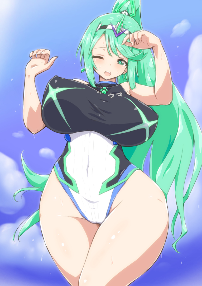 1girls bangs bare_arms bea_(adfhbcf4326) black_swimsuit blinking blue_sky blush breasts breasts_apart character_name clothes_writing cloud commentary commentary_request competition_swimsuit covered_collarbone covered_navel curvy day earrings emerald_(gemstone) erect_nipples female gem gloves green_eyes green_hair groin hair_ornament half-closed_eyes halterneck hands_up head_tilt headpiece high_ponytail highleg highleg_swimsuit highres hip_focus huge_ass huge_breasts jewelry large_breasts legs_together long_hair long_ponytail looking_at_viewer multicolored multicolored_clothes multicolored_swimsuit nintendo one-piece_swimsuit one_eye_closed open_mouth outdoors pneuma_(xenoblade) raised_eyebrows sidelocks sky solo spoilers standing swept_bangs swimsuit taut_clothes thick_thighs thighs tiara turtleneck upper_teeth very_long_hair wet white_swimsuit wide_hips wince xenoblade_(series) xenoblade_chronicles_2