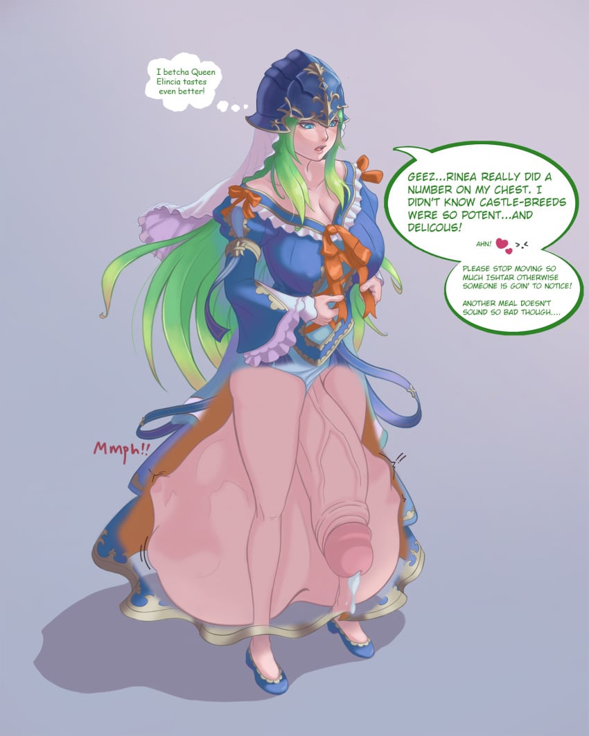 balls clothing cock_vore cum dialogue ejaculation fire_emblem fire_emblem:_path_of_radiance fire_emblem:_radiant_dawn fire_emblem_heroes futanari gigantic_testicles green_hair huge_breasts huge_cock huge_penis hugsandv0re nephenee_(fire_emblem) official_alternate_costume penis veiny_penis vore