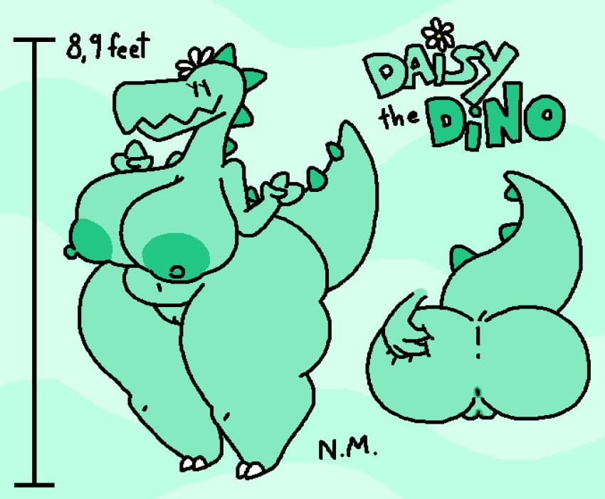 anthro big_ass big_belly big_breasts big_butt big_nipples chubby chubby_female cute cute_fangs daisy_the_dino dinosaur large_areolae large_ass large_breasts larger_female sleepyslut