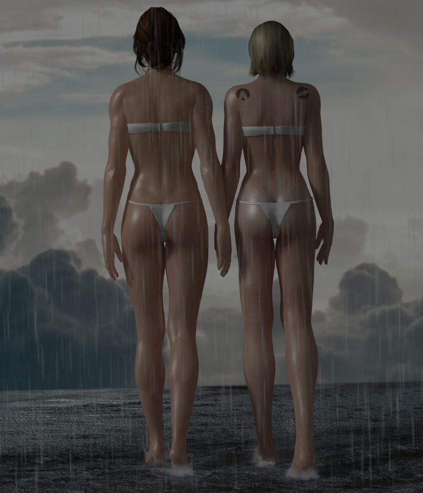 2girls 3d ass blonde_hair bra brown_hair crossover divergent female female_only jc-starstorm jyn_erso large_ass necklace panties rain realistic rogue_one:_a_star_wars_story seaside star_wars tattoo tris_prior walking white_bikini