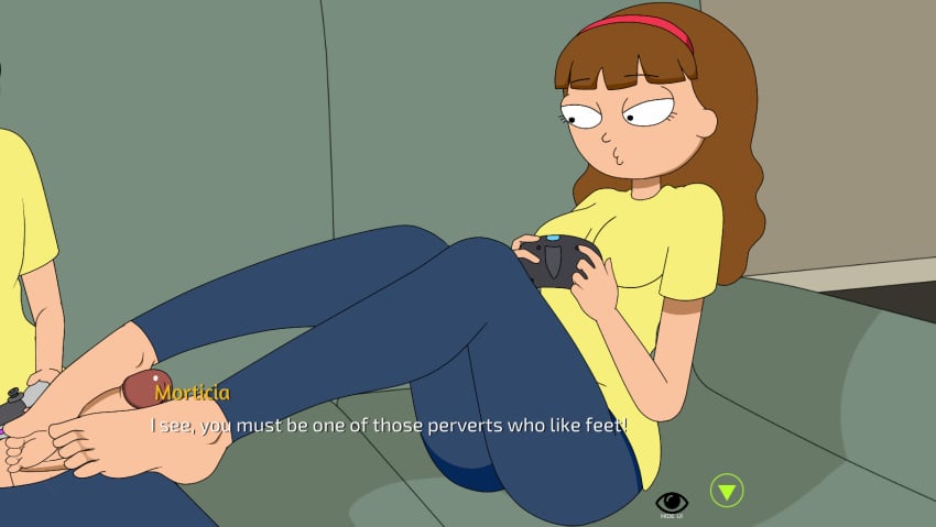 1boy 1girls bedroom_eyes brother_and_sister feet female ferdafs foot_fetish footjob game_cg game_controller male morticia_smith morty_smith playing_videogame rick_and_morty rick_and_morty:_a_way_back_home rule_63 self selfcest visual_novel