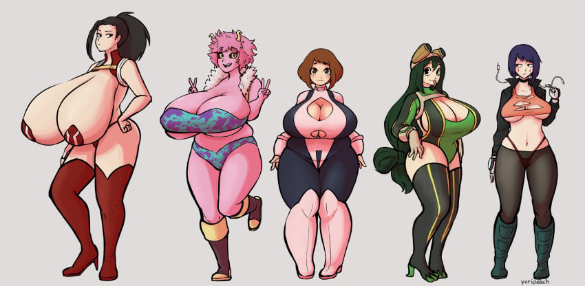 5girls alternate_breast_size alternate_outfit big_breasts black_hair bodysuit boots breasts brown_hair chubby cleavage double_v earlobe_jacks green_hair half-closed_eyes hero_outfit_(mha) high_heels huge_ass huge_breasts kyoka_jiro large_breasts larger_female looking_at_viewer mina_ashido momo_yaoyorozu my_hero_academia ochako_uraraka pasties pink_hair pink_skin pose purple_hair revealing_clothes size_difference smaller_female thick_thighs thighhighs tsuyu_asui underboob v whale_tail wide_hips yuripeach