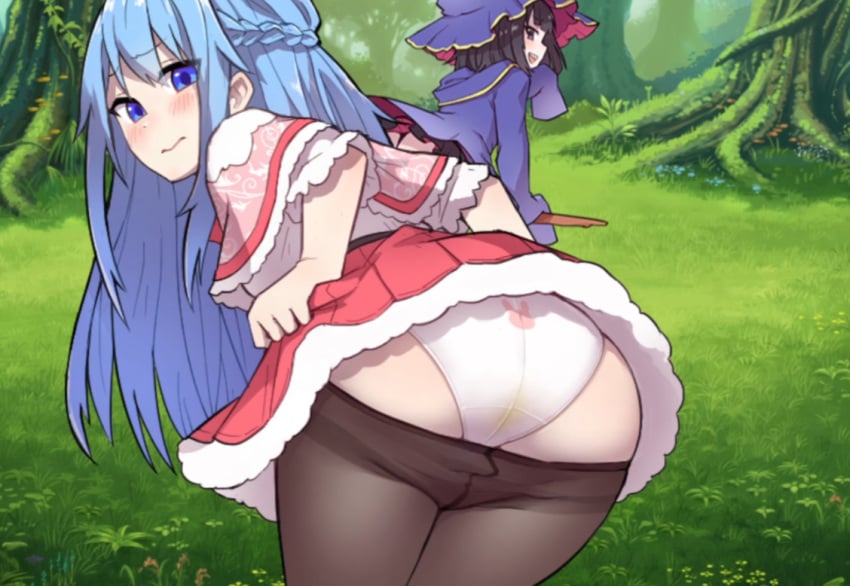 ass cecilia_(lost_treasures) lavender_(lost_treasures) lifting_skirt lost_treasures panties pantyhose presenting_hindquarters stained_panties