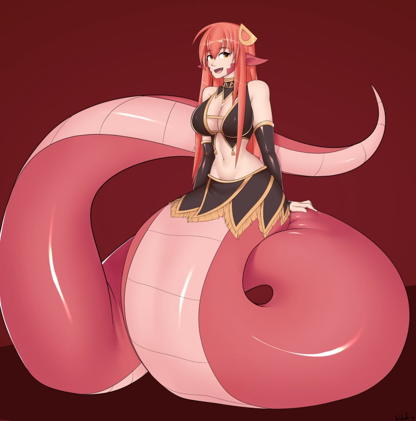 clothed clothing fang_out female female_only g-lahndi hair_clip humanoid lamia long_hair miia_(monster_musume) monster monster_girl monster_musume monster_musume_no_iru_nichijou naga pointy_ears red_hair reptile sitting sitting_on_tail snake snake_girl solo tail yellow_eyes