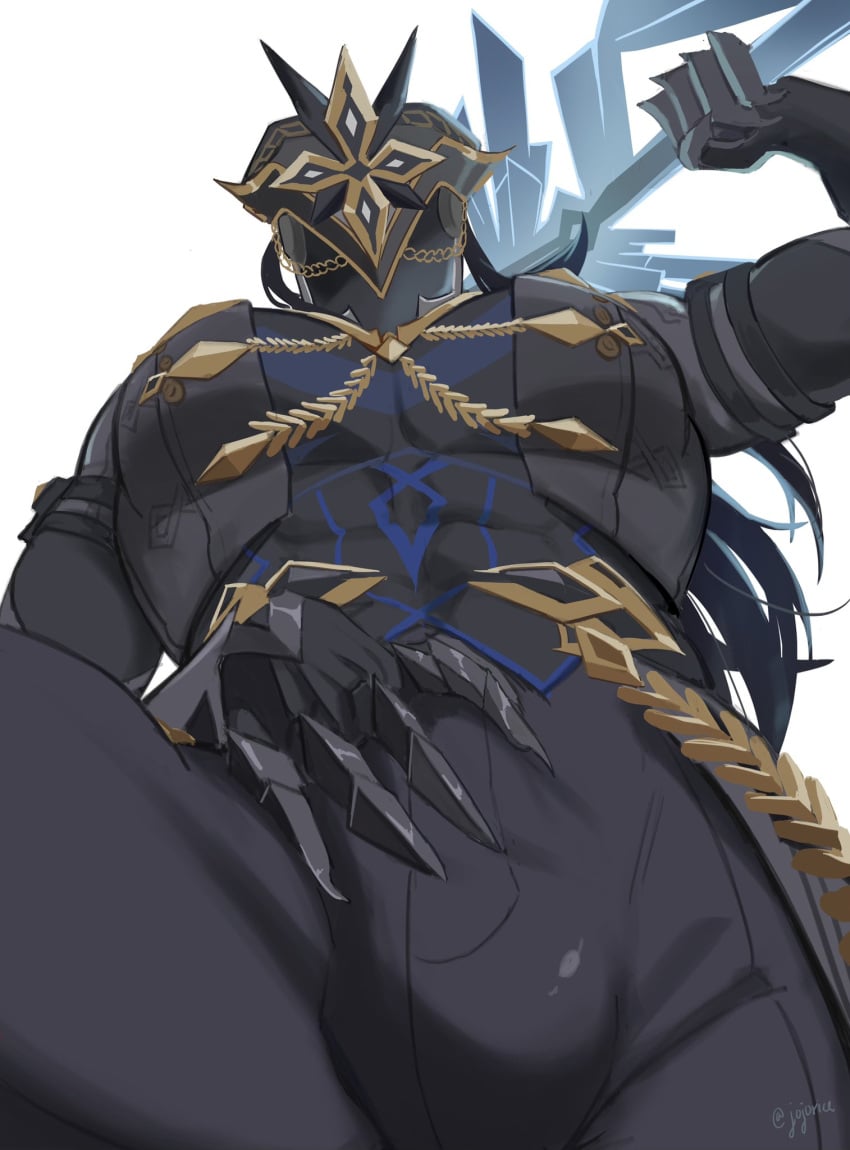 1boy 1male bara bara_tiddies bara_tits big_bulge big_pecs black_hair bulge capitano_(genshin_impact) down_angle fully_clothed genshin_impact hand_on_bulge hoyoverse looking_at_viewer looking_down male male_focus male_only masked muscle muscles muscular muscular_male pecs solo solo_focus solo_male thick_hips thick_legs thick_thighs white_background